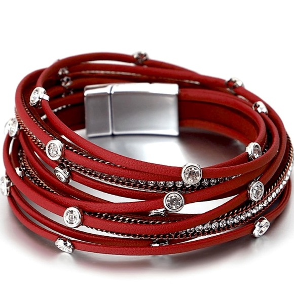 SALE Crimson Red Layered Leather Bracelet Cuff - Picture 1 of 3